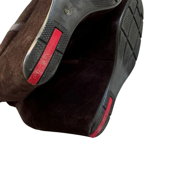 Prada Suede Wedge Boot Logo Side with Zipper Closure Brown Size 40 or US 10 - Picture 10 of 15